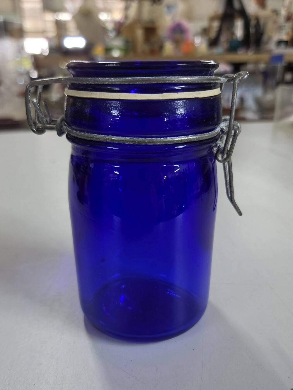 Vintage Cobalt Blue Glass Mini Spice Jar Canister Wire Bail Swing Top
